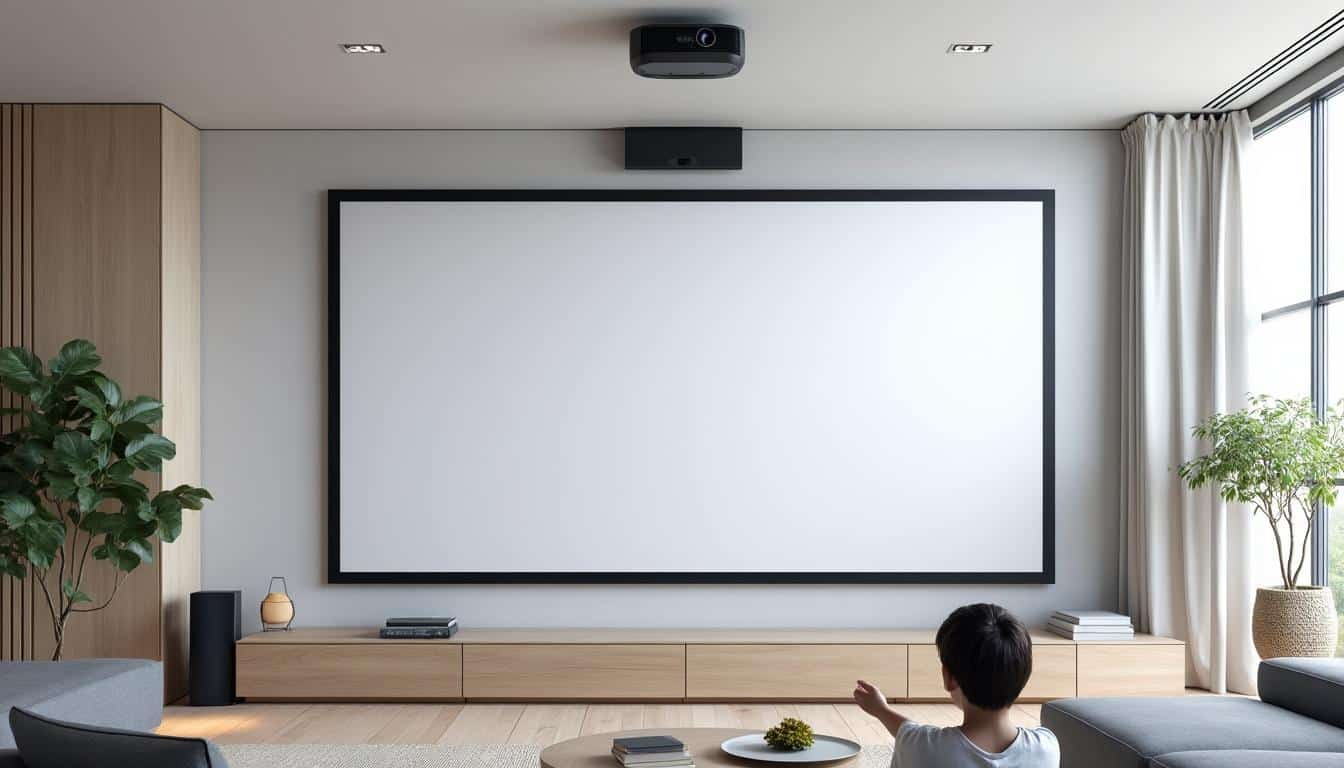 guide pratique pour installer un vidéoprojecteur avec correction trapèze, zoom optique et écran de projection pour une image parfaite et une expérience visuelle optimale.